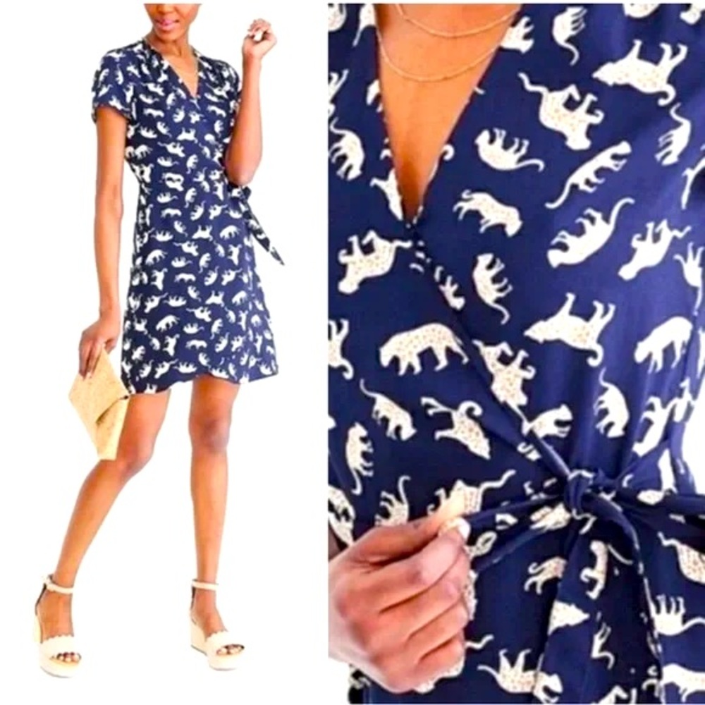 J.Crew size 00 Women’s Navy Blue Leopard Print Short Sleeve Wrap Dress